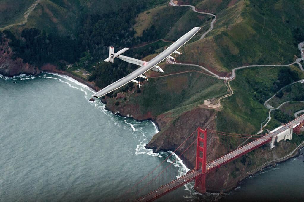 Solar Power Plane Through Golden Gate Bridge